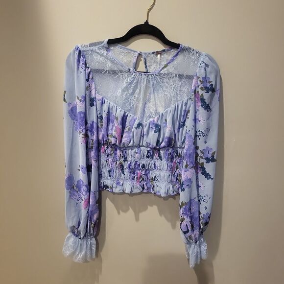 Free People Tops - Free People Forever Femme floral print in blue and purple with lace small